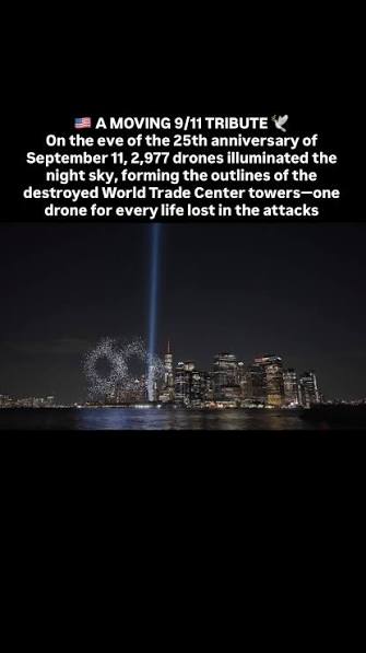 Today marks 25 years since 9/11, and last night Manhattan the @skyelementsdrones drone show illuminated the sky in honor of the World Trade Center attacks. Even after all these years, the emotions