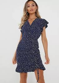 Quiz Navy Polka Dot Wrap Midi Dress In 2020 Wrap Front Dress Casual Dresses Uk Summer Fashion Outfits
