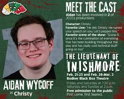 Meet the cast of The Lieutenant of Inishmore (1/2). Swipe to meet Sawyer  Richmond as Padraic, Aidan Wycoff as Christy, Alexander Nagaoka as Brendan,  and Isaiah Bagby as Joey. Stay tuned for