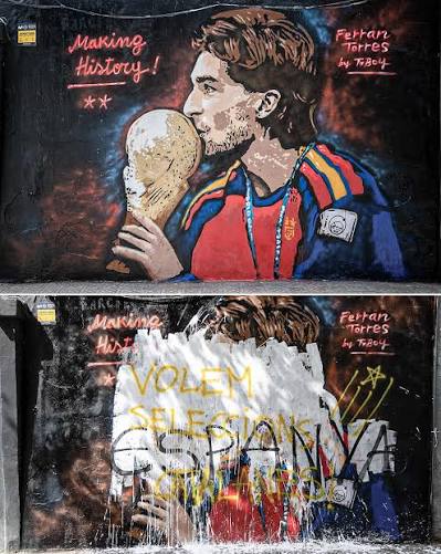 A mural painted by Tvboy in Barcelona to honor Ferran Torres after Spain's World Cup triumph was vandalized with graffiti.