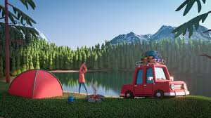 410027 4K, nature, fire, cartoon, outdoors, river, car, artwork, tent,  render, lake, mountains, landscape, forest, grass, trees, vehicle, 3D, men,  vacation, red cars, green - Rare Gallery HD Wallpapers