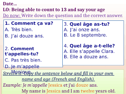 Telling time in french though i've heard many french people speak otherwise, the official grammar rule is that the fractions et quart, et demie and moins le quart are informal and can only be used with 1 to 12. Ppt French Being Able To Count To 13 And Say Your Age Teaching Resources