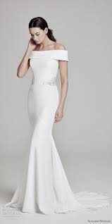 Suzanne Neville Bridal 2019 Off Shoulder Straight Across Embellished Waist Sheath Wedding Dre Straight Wedding Dresses Wedding Dresses Long Train Wedding Dress