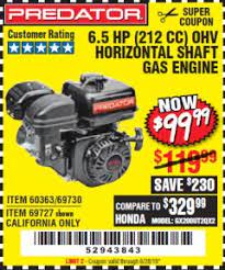 We did not find results for: Harbor Freight Tools Coupon Database Free Coupons 25 Percent Off Coupons Toolbox Coupons Predator 6 5 Hp 212 Cc Ohv Horizontal Shaft Gas Engines