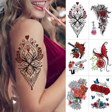 Blue rose heart waterproof temporary tattoo sticker fake tattoos for women men. Waterproof Temporary Tattoo Sticker Rose Heart Flash Tattoos Butterfly Lace Flower Body Art Arm Water Transfer Fake Tatoo Women Temporary Tattoos Aliexpress
