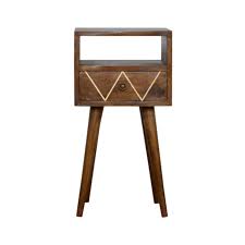 You can choose an artisan look with distressed wood drawers. Petite Brass Inlay 1 Drawer And Open Shelf Solid Wood Bedside Etsy Artisan Furniture Small Wooden Bedside Tables Wooden Bedside Table