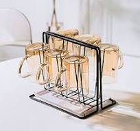 Metal Cup Drying Rack with 6 Hooks, Bottle Drying Rack with Drain Tray,Coffee Mug Holder,Mug Organizer Black