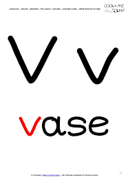 Eight flash cards for words starting with the letter v. the cards include capital and lowercase letters, a graphic, and text for the word represented by . Alphabet Flashcard Without Picture Letter V