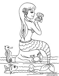 coloriage la sirene sur une roche avec les animaux de mer dessin a imprimer un joyeux anniversaire coloriages
