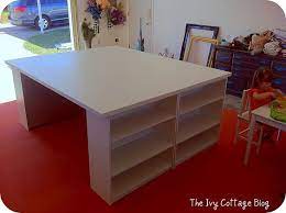 Huge Work Table Made From 2 Hollow Doors 25 And 4 Bookshelves 16 Ea And Large L Brackets Craft Room Organization Craft Room Design Craft Table