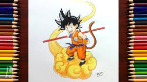 Draw a short line from the ellipse you created on the torso, this short line will represent the neck on which you will draw goku's head. How To Draw Kid Goku On Flying Nimbus With Colour Pencils Step By Step Dragon Ball Youtube