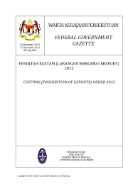 Perintah kastam (larangan mengenai import) 2008, jadual kedua : Pua 20121231 Larangan Export