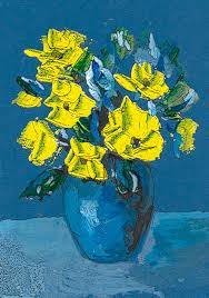 When blue and yellow are combined, green is the result. Nice Yellow Flowers On Blue Background Painting By Cuiava Laurentiu