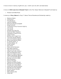 In honor of and in memory of gifts from July 1, 2020–June 30, 2021 are  listed below: In honor of 2004 Lady Cavs Volleyball Tea
