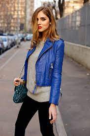 Women S Blue Leather Biker Jacket Grey Crew Neck Sweater Black Skinny Jeans Teal Snake Leather Crossbody Bag Coloured Leather Jacket Blue Leather Jacket Leather Jackets Women