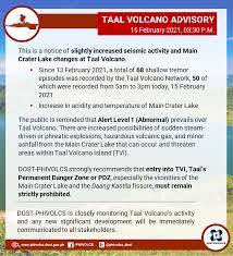 Jul 15, 2021 · the phivolcs volcano alert level scheme is a reference guide to understanding the state of an active volcano, the current level of threat it poses and the steps that are needed to be taken to ensure public safety. Taal Volcano Advisory 15 February 2021 03 30 P M This Is A Notice Of Slightly Increased Seismic Activity And Main Crater Lake Changes At Taal Volcano Since 13 February 2021 A Total
