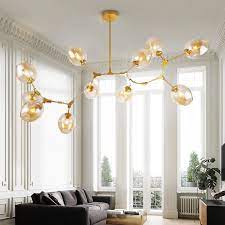 Modern Minimalist Tree Branch Amber Glass Globe Shade Adjustable 11 Light Large Pendant Light Metal In Gold Metal Pendant Light Large Pendant Lighting Gold Pendant Lighting
