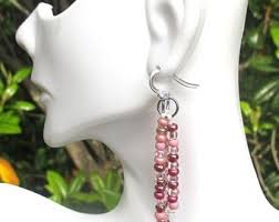 Rose Pink Long Earrings, Dainty Seed Bead Jewelry, Gift for Woman,  Asymmetrical Pink Earrings With .925 Sterling Silver Filled Hooks, 3in