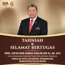 Ketua setiausaha negara, datuk seri mohd zuki ali hari ini mengumumkan pelantikan dua ketua setiausaha (ksu) baharu sementara itu, jawatan muez sebelum ini sebagai ksu kementerian perdagangan dalam negeri dan hal ehwal pengguna diisi datuk hasnol zam. Kdn On Twitter Tahniah Selamat Bertugas Ybhg Datuk Wan Ahamd Dahlan Bin Hj Ab Aziz Atas Kenaikan Pangkat Dan Pelantikan Sebagai Timbalan Ketua Setiausaha Pengurusan Kementerian Dalam Negeri Kementeriandalamnegeri Kdn Https T Co Prjrxwalcy