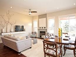 Open Living Dining Space With White And Neutral Decor Beige Living Rooms Living Room Dining Room Combo Living Dining Room