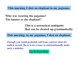One Morning I Shot An Elephant In My Pajamas Ambiguity Dealing With Ambiguity In Writing Go To Next Slide The Aim Of This Tutorial Is To Help You Recognize Ambiguous Writing And Learn How To Avoid Ambiguity Ppt Download