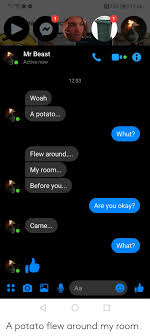 High quality a potato flew around my room gifts and merchandise. N75 1206 1 1 C Ea Y Kid Zuckles Mr Beast Active Now 1203 Woah A Potato Whut Flew Around My Room Before You Are You Okay Came What Aa A Potato