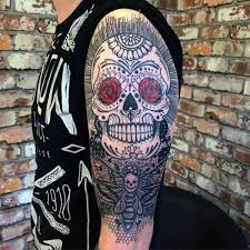Sugar Skull Mens Designs Tattoo Half Sleeve With Red Eyes Sugar Skull Tattoos Skull Sleeve Skull Sleeve Tattoos