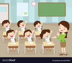 There is no psd format for teacher clipart png images, cartoon teachers, students and teacher in our system. Students Hand Up In Classroom Royalty Free Vector Image Ide Ruang Kelas Pendidikan Ilustrasi Pendidikan