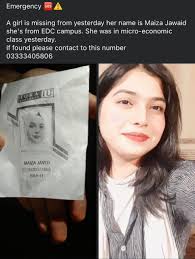 Missing Person Alert for Maiza Javed in Karachi