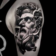 Black And White Realism Tattoo Dark Zeus Greek Mythology Sleeve Tattoo Arm Statue Black White Grey Realism Inspiration Ink Art Men Germany Black And Grey Tattoos Black Tattoos Sleeve Tattoos