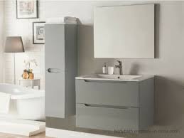 Wall hung vanities make the bathroom feel larger because more of the floor area is visible and because the eye is drawn along the width of the vanity and not its height. Gloss Grey Wall Hung Bathroom Cabinet With Basin And Column China Bathroom Vanity Unit Bathroom Furniture Made In China Com