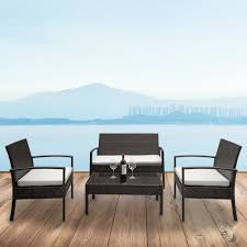 Save up to $1,200 + free shipping on sets. Wicker Patio Sets 4 Piece Outdoor Conversation Set With Glass Dining Table Loveseat 2 Cushioned Chairs Modern Patio Furniture Sets With Coffee Table For Yard Porch Garden Poolside Walmart Com Walmart Com