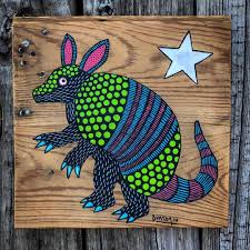 Lone Star Armadillo Acrylic On 10 X10 136 Year Old Shiplap Folkart Art Painting Armadillo Antiquewood Texasartist Armadillo Art Texas Art Owl Painting