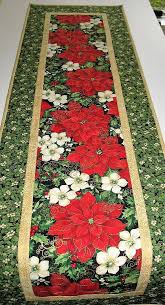 Christmas Table Runner Poinsettias Mistletoe Quilted Etsy Christmas Table Runner Quilted Table Runners Christmas Christmas Table