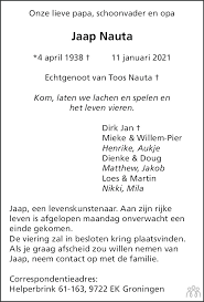 Overlijdensberichten uit het dagblad van het noorden vind je ook op mensenlinq.nl zodra de familie in kwestie toestemming heeft gegeven voor online publicatie. Jaap Nauta 11 01 2021 Overlijdensbericht En Condoleances Mensenlinq Nl