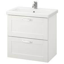 Nous avons remarque un meuble sous evier de 80 avec un grand tiroircoulissant dont le look nous plait. Enhet Tvallen Meuble Lavabo 2tir Blanc Avec Cadre Blanc Lillsvan Mitigeur Lavabo 64x43x65 Ikea