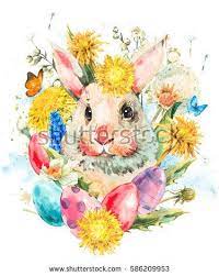 Watercolor Cute White Rabbit With Red Bow Butterfly And Spring Flowers Yellow And White Dandelions Colored Eggs Eas Illustration Watercolor White Dandelion