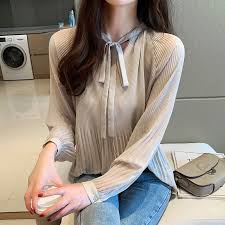 Korean Fashion Pleated Chiffon Loose Casual Blouse Women Autumn Lantern Long Sleeve Top Beige Brown Shopee Singapore