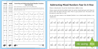 Scroll down the page for more examples and solutions on adding mixed adding mixed numbers with common denominators how to add mixed numbers with common denominators? Subtracting Mixed Numbers 4 In A Row Game Maths Resources