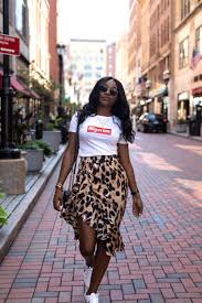 Black And White Cheetah Print Skirt White Shirt With Leopard Print Skirt And Nike Sneakers Printed Skirt Outfit Skirt And Sneakers Fashion