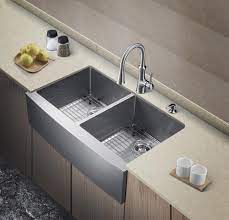 Msi provides kitchen sink options in stainless steel, quartz composite, and ceramic to provide an expansive selection of kitchen sinks. Tuscany Farmhouse Apron Front 36 Stainless Steel Double Bowl Kitchen Sink At Menards