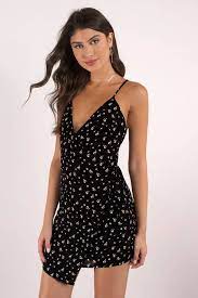 Chic Black Wrap Dress Casual Cami Dress Black Floral Print Dress