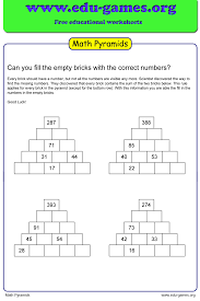 Every Brick Contains The Sum Of The Two Bricks Below This Rule Applies For Every Brick In The Pyramid Except For The Bot Math Pyramids Educational Worksheets