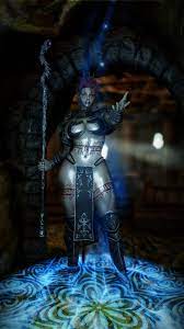 3d abs armor athletic female bikini armor black bra black legwear  black lipstick black skirt body tattoo bra bracers breasts choker clothed  crown cultist daedra daedric text dark elf