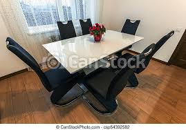 Christopher knight home style roshan farmhouse acacia wood dining chairs white. White Wooden And Glass Round Dining Table With Six Chairs Modern Design Dining Table And Chairs In Contemporary Kitchen Canstock