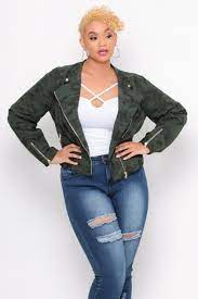 This Plus Size Faux Leather Jacket Features A Snap Button Mandarin Collar A Zip Front An Allover Camo Print Lo Plus Size Outfits Plus Size Trendy Outerwear