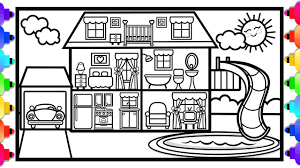 How to draw a house with a swimming pool house with a pool drawing and coloring page #371print our free coloring pages follow along. How To Draw A Fun House With Swimming Pool Visit Rainbowplayhouse Com Print And Color With Me Youtube