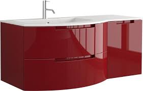 A bright red bathroom clad with bold mosaic tiles, a dark sink and pendant lamps. Anity 53 Inch Modern Floating Bathroom Vanity Red Glossy Finish With Left Sink Top Floating Bathroom Vanities Sink Top Modern Bathroom Design