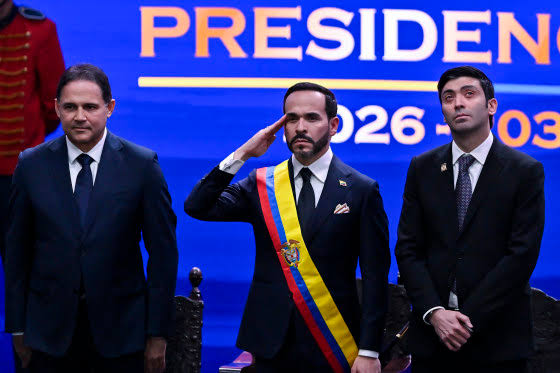 Colombian President de la Espriella during his inauguration ceremony as international leaders look on.