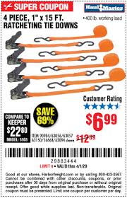 Haul Master 1 In X 15 Ft Ratcheting Tie Downs 4 Pk For 6 99 Harbor Freight Tools Coupons